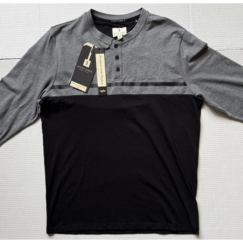 SCOTT JAMES - Men's Black & Gray Long Sleeve 1/4 Button Shirt - Size Large - NWT
